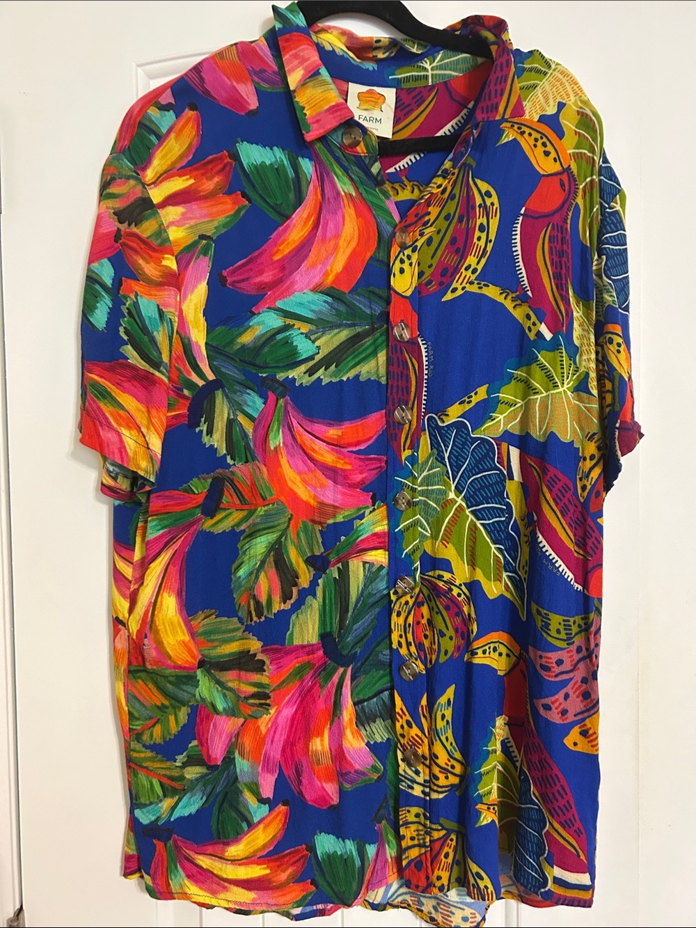 FARM Rio Royal Blue Tropical Button-Down with Neon Floral & Banana Print